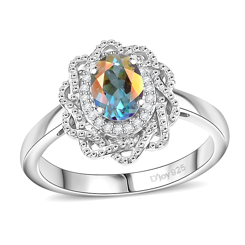D'Joy Mercury Mystic Topaz and White Zircon 1.00 ctw Celestial Bloom Ring in Rhodium Over Sterling Silver (Size 10.0)