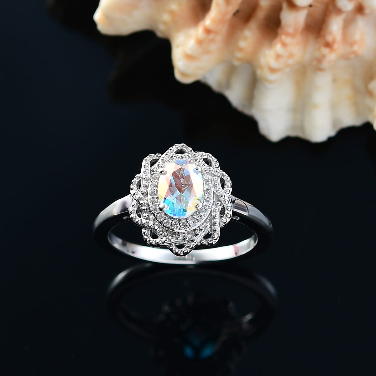 D'Joy Mercury Mystic Topaz and White Zircon 1.00 ctw Celestial Bloom Ring in Rhodium Over Sterling Silver (Size 10.0) image number 1