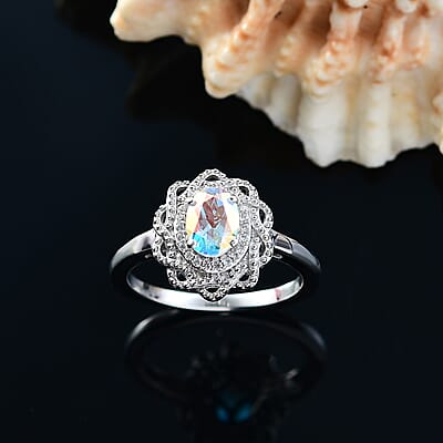 D'Joy Mercury Mystic Topaz and White Zircon 1.00 ctw Celestial Bloom Ring in Rhodium Over Sterling Silver (Size 10.0)