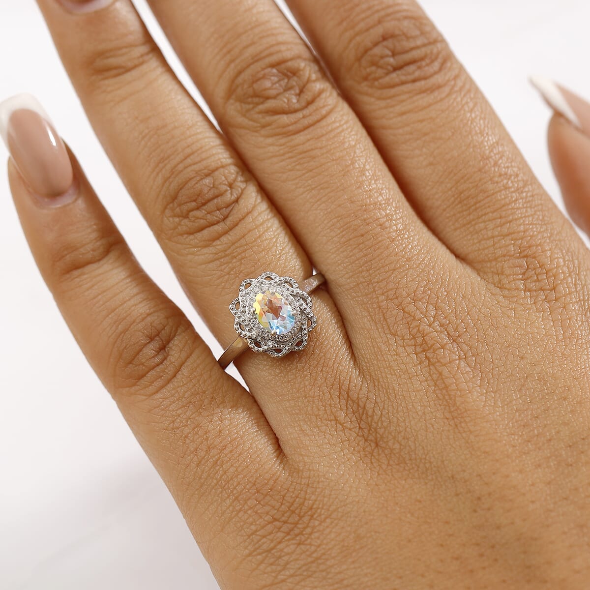 D'Joy Mercury Mystic Topaz and White Zircon 1.00 ctw Celestial Bloom Ring in Rhodium Over Sterling Silver (Size 10.0) image number 2