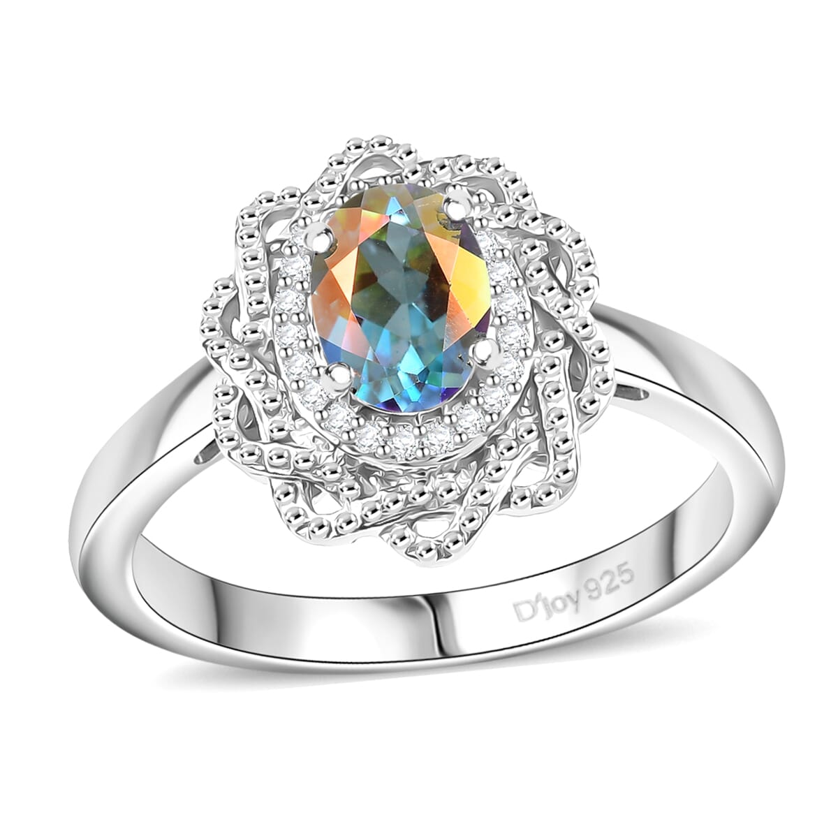 D'Joy Mercury Mystic Topaz and White Zircon 1.00 ctw Celestial Bloom Ring in Rhodium Over Sterling Silver (Size 7.0) image number 0