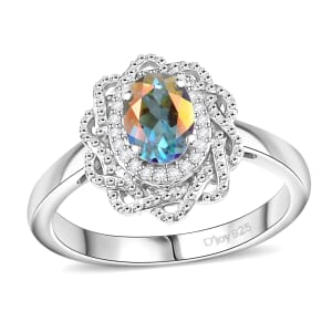 D'Joy Mercury Mystic Topaz and White Zircon 1.00 ctw Celestial Bloom Ring in Rhodium Over Sterling Silver (Size 7.0)