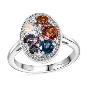 D'Joy Multi Mystic Topaz and White Zircon 2.20 ctw Cosmic Ring in Rhodium Over Sterling Silver (Size 8.0)