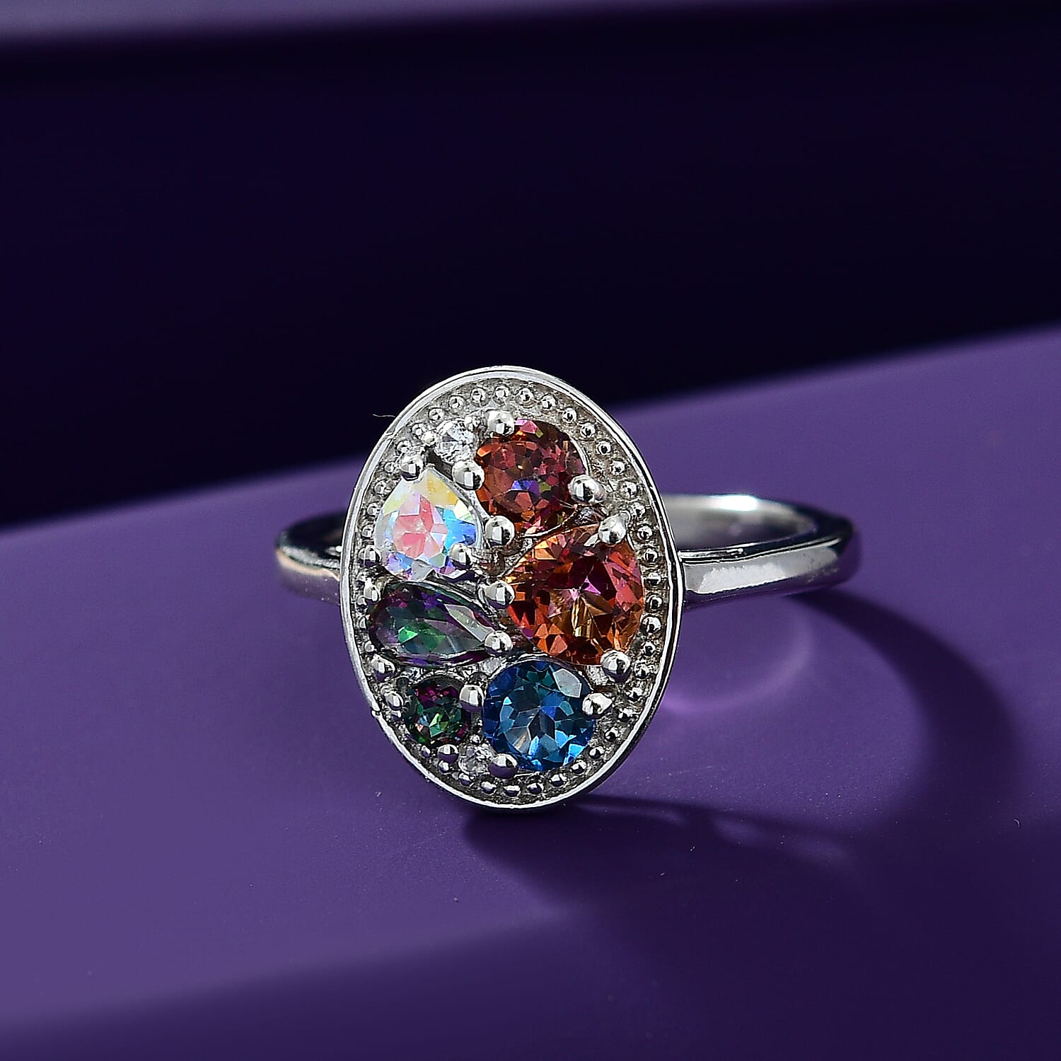 D'Joy Multi Mystic Topaz and White Zircon 2.20 ctw Cosmic Ring in Rhodium Over Sterling Silver (Size 9.0)
