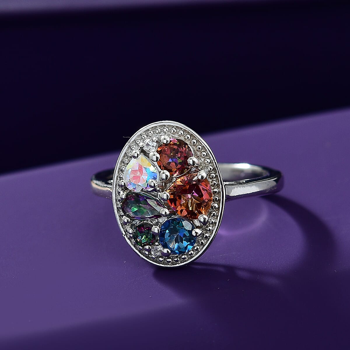 Mercury Mystic Topaz , Multi gemstones Cluster Ring in Rhodium Overlay Sterling Silver 2.18 ctw image number 1