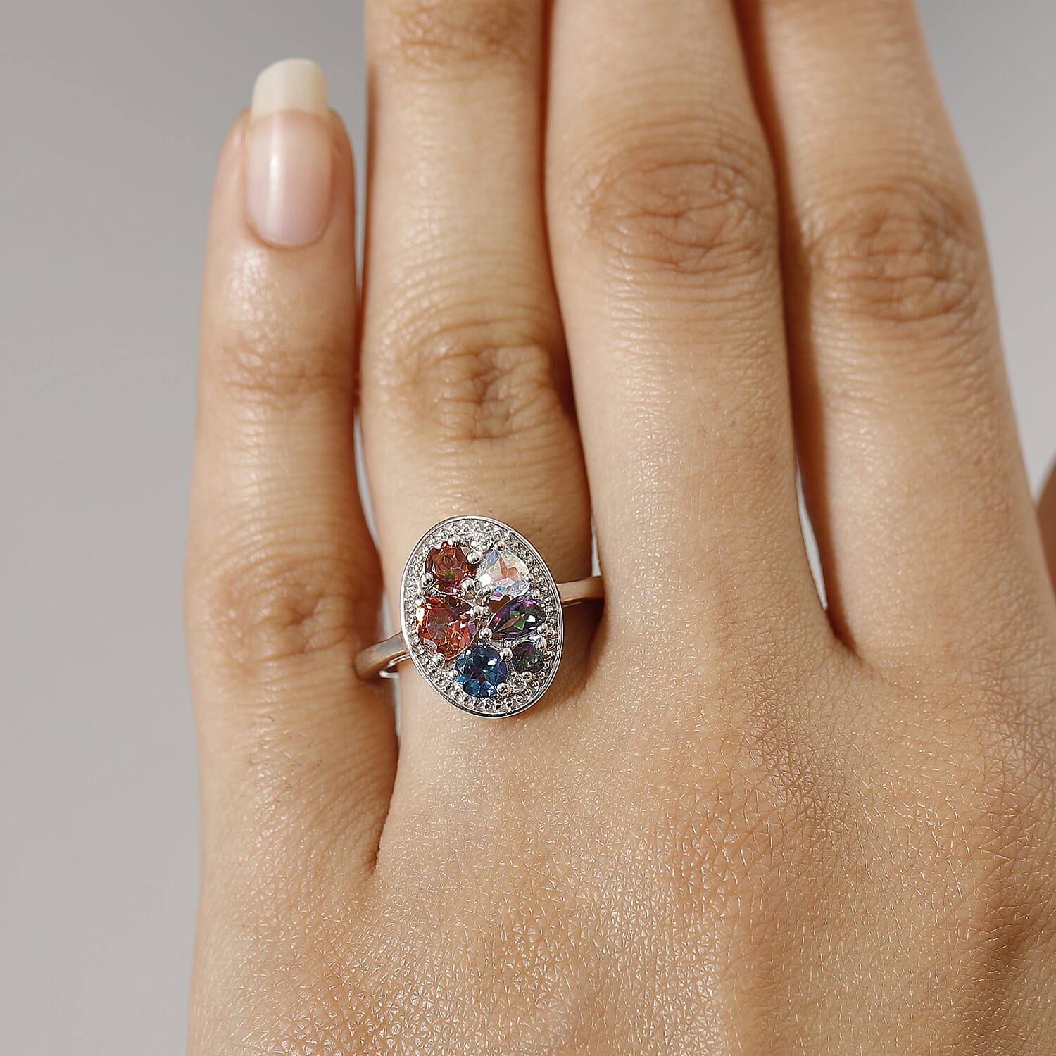 D'Joy Multi Mystic Topaz and White Zircon 2.20 ctw Cosmic Ring in Rhodium Over Sterling Silver (Size 9.0)