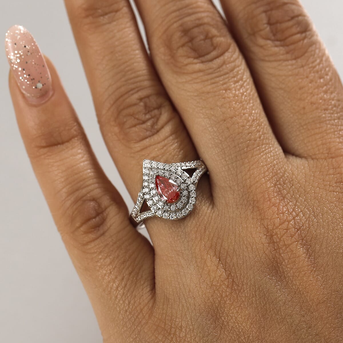 SGL Certified Luxuriant Lab Grown Pink Diamond (IR) VS and Lab Grown White Diamond 1.00 ctw Teardrop Ring in 950 Platinum (Size 7.0) image number 2
