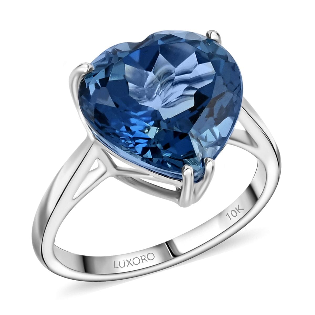 Certified & Appraised Luxoro AAA London Blue Topaz 7.25 ctw Solitaire Heart Ring in 10K White Gold (Size 5.0) image number 0