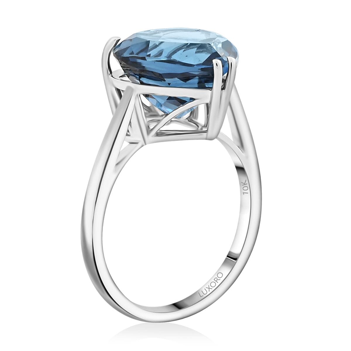 Certified & Appraised Luxoro AAA London Blue Topaz 7.25 ctw Solitaire Heart Ring in 10K White Gold (Size 5.0) image number 3
