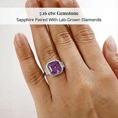 Certified & Appraised Luxuriant AAA Lab Grown Purple Sapphire and E-F VS Lab Grown Diamond 7.16 ctw Ring in 10K White Gold (Size 13.0)
