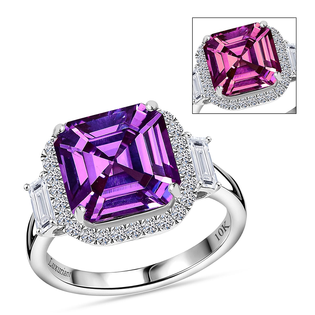 Certified & Appraised Luxuriant AAA Lab Grown Purple Sapphire and E-F VS Lab Grown Diamond 7.16 ctw Ring in 10K White Gold (Size 7.0) image number 0