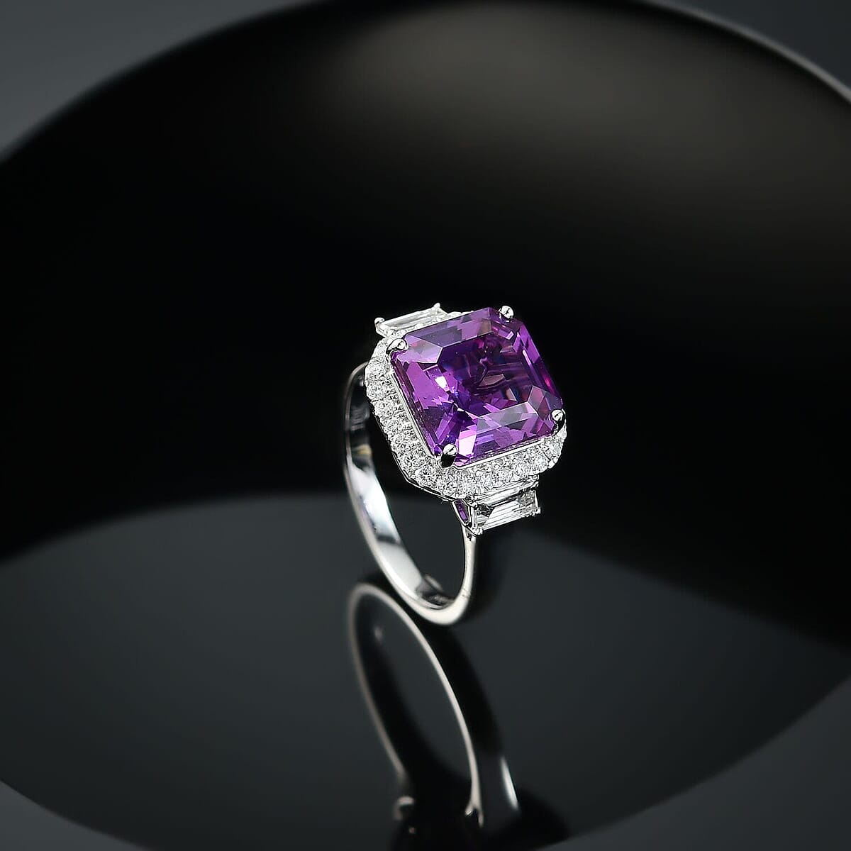 Certified & Appraised Luxuriant AAA Lab Grown Purple Sapphire and E-F VS Lab Grown Diamond 7.16 ctw Ring in 10K White Gold (Size 9.5) image number 1