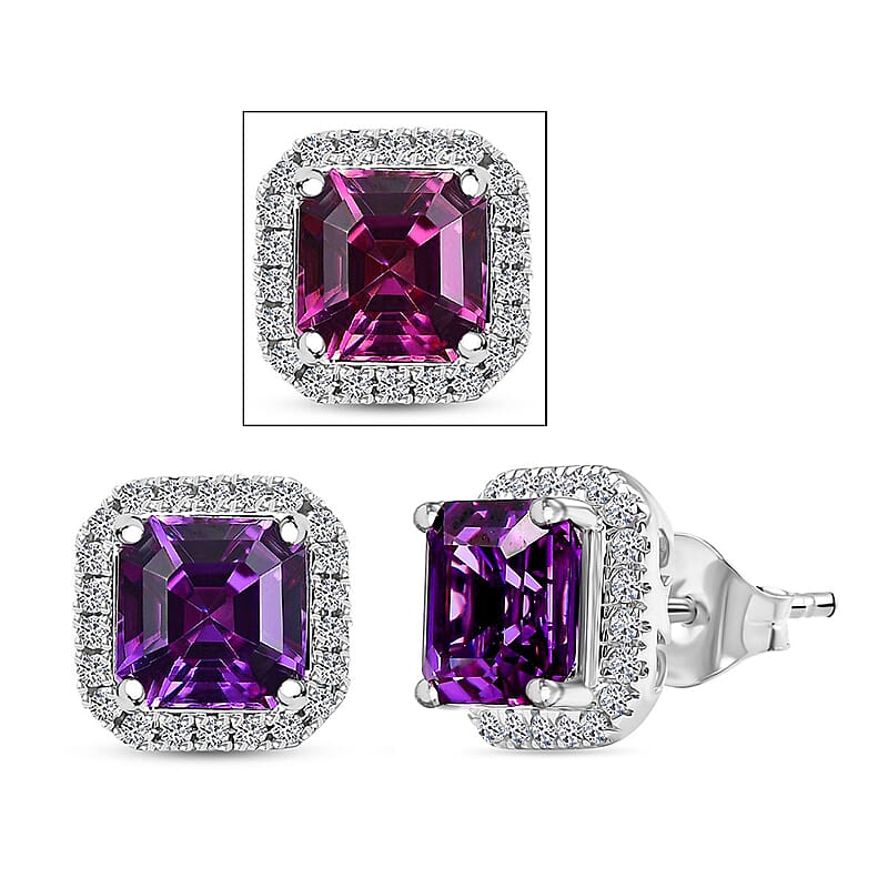 Certified & Appraised Luxuriant AAA Asscher Cut Lab Grown Purple Sapphire and E-F VS Lab Grown Diamond 5.16 ctw Earrings in 10K White Gold