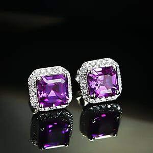 Certified & Appraised Luxuriant AAA Asscher Cut Lab Grown Purple Sapphire and E-F VS Lab Grown Diamond 5.16 ctw Earrings in 10K White Gold 