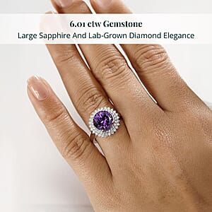 Certified & Appraised Luxuriant AAA Lab Grown Purple Sapphire and E-F VS Lab Grown Diamond 6.01 ctw Double Halo Ring in 10K White Gold (Size 10.0)