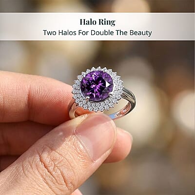 Certified & Appraised Luxuriant AAA Lab Grown Purple Sapphire and E-F VS Lab Grown Diamond 6.01 ctw Double Halo Ring in 10K White Gold (Size 10.0)