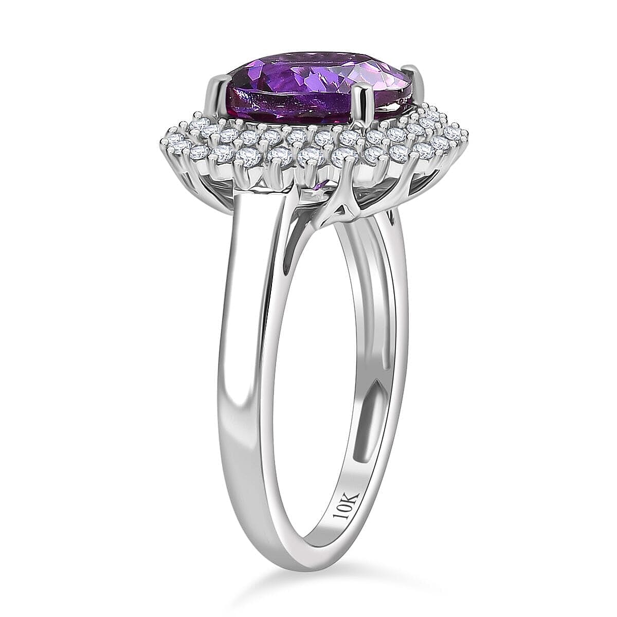 Certified & Appraised Luxoro 10K White Gold AAA Lab Grown Purple Sapphire, Lab Grown Diamond (E-F, VS) (0.63 cts) Double Halo Ring (Size 10.5) 6.01 ctw image number 3