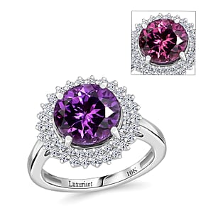 Certified & Appraised Luxoro 10K White Gold AAA Lab Grown Purple Sapphire, Lab Grown Diamond (E-F, VS) (0.63 cts) Double Halo Ring (Size 5.0) 6.01 ctw