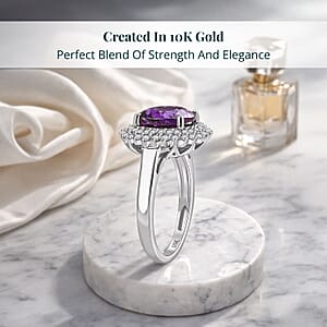 Certified & Appraised Luxoro 10K White Gold AAA Lab Grown Purple Sapphire, Lab Grown Diamond (E-F, VS) (0.63 cts) Double Halo Ring (Size 5.5) 6.01 ctw