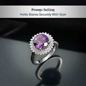 Certified & Appraised Luxoro 10K White Gold AAA Lab Grown Purple Sapphire, Lab Grown Diamond (E-F, VS) (0.63 cts) Double Halo Ring (Size 5.5) 6.01 ctw