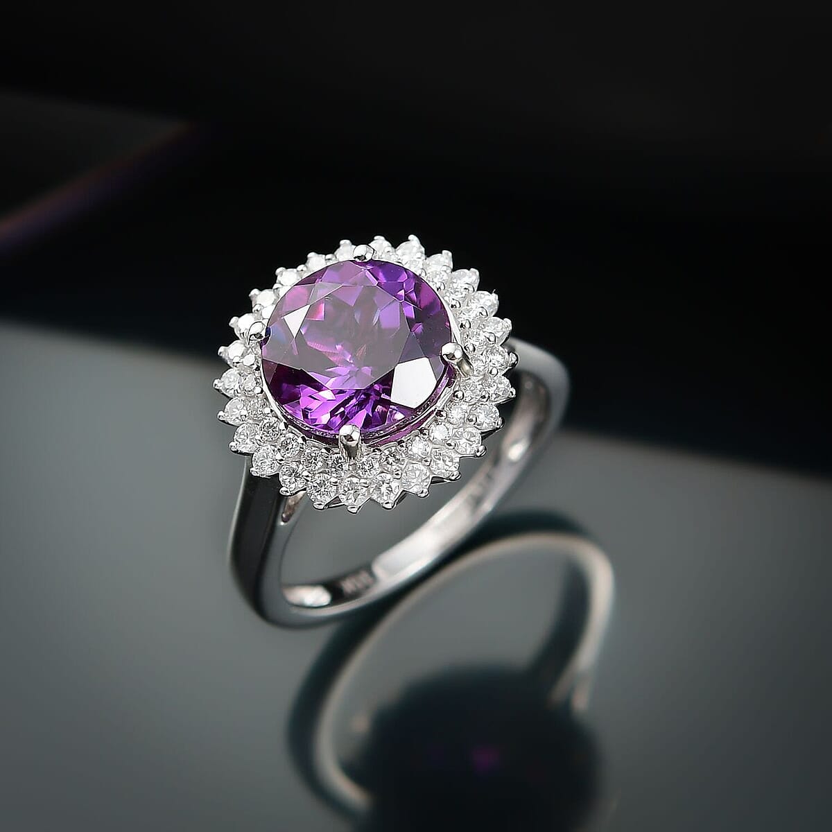 Certified & Appraised Luxoro 10K White Gold AAA Lab Grown Purple Sapphire, Lab Grown Diamond (E-F, VS) (0.63 cts) Double Halo Ring (Size 8.5) 6.01 ctw image number 1
