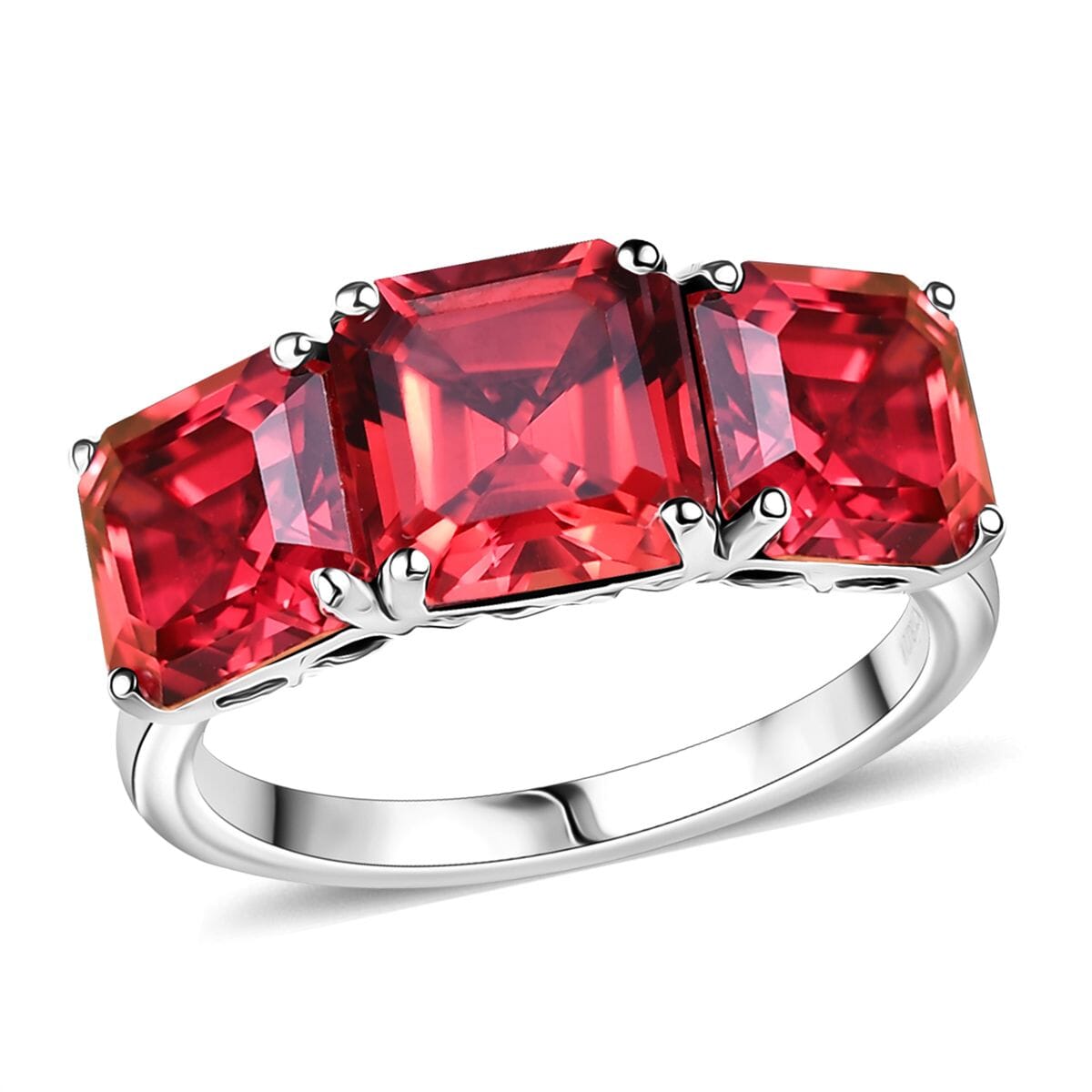 Certified & Appraised Luxuriant AAA Asscher Cut Lab Grown Padparadscha Sapphire 8.00 ctw 3 Stone Ring in 10K White Gold (Size 10.0) image number 0