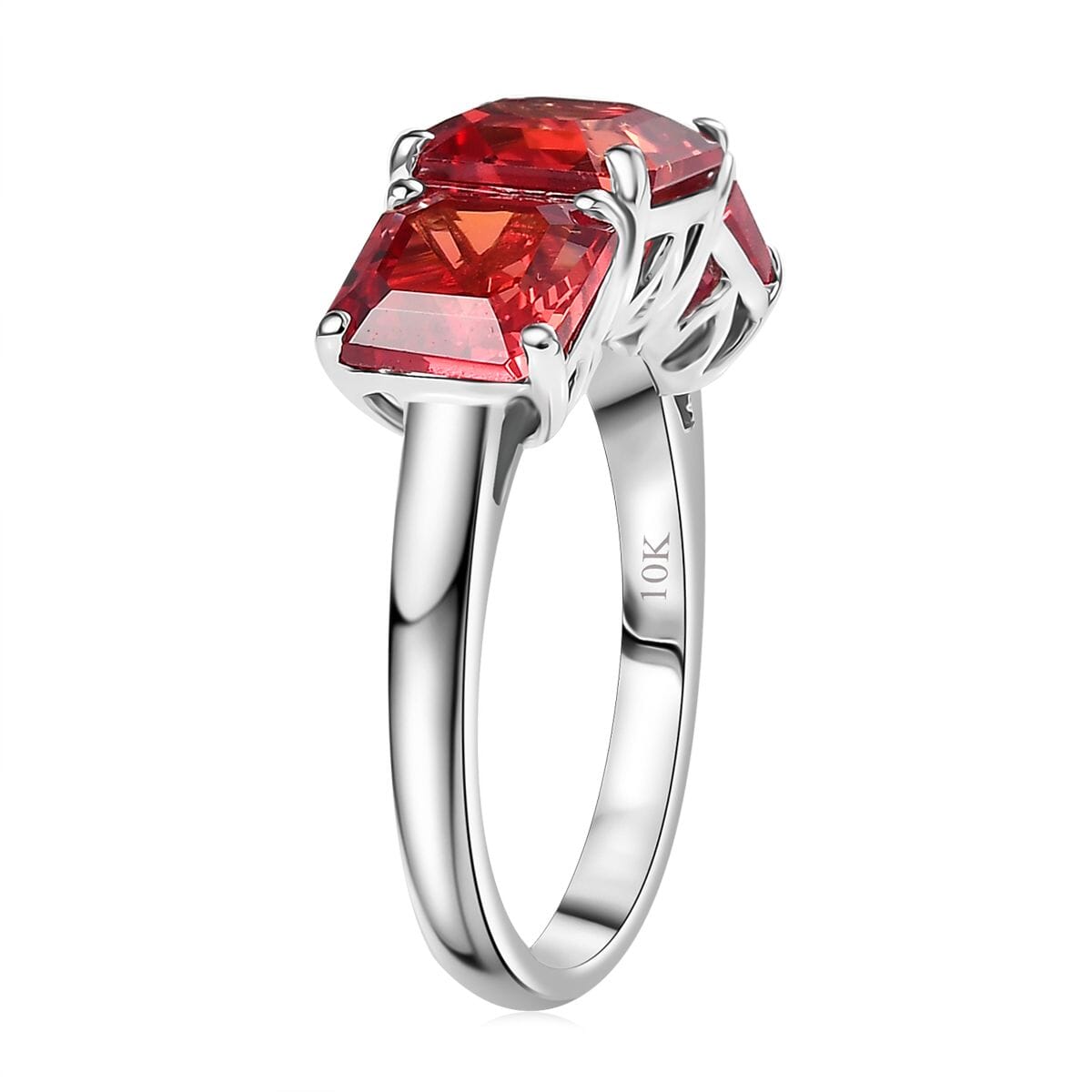 Certified & Appraised Luxuriant AAA Asscher Cut Lab Grown Padparadscha Sapphire 8.00 ctw 3 Stone Ring in 10K White Gold (Size 10.0) image number 3