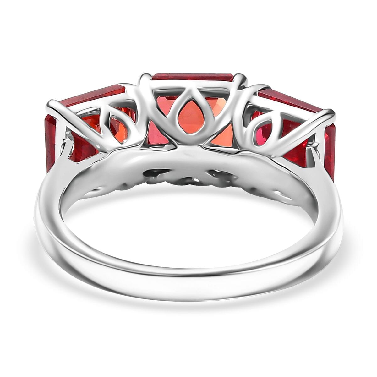 Certified & Appraised Luxuriant AAA Asscher Cut Lab Grown Padparadscha Sapphire 8.00 ctw 3 Stone Ring in 10K White Gold (Size 10.0) image number 4