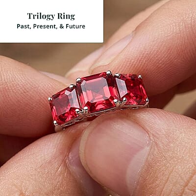 Certified & Appraised Luxuriant AAA Asscher Cut Lab Grown Padparadscha Sapphire 3 Stone Ring in 10K White Gold 8.00 ctw (Size 10.0)