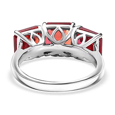 Certified & Appraised Luxuriant AAA Asscher Cut Lab Grown Padparadscha Sapphire 3 Stone Ring in 10K White Gold 8.00 ctw (Size 10.0)
