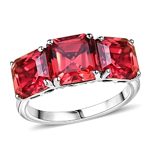 Certified & Appraised Luxuriant AAA Asscher Cut Lab Grown Padparadscha Sapphire 8.00 ctw 3 Stone Ring in 10K White Gold (Size 7.0)