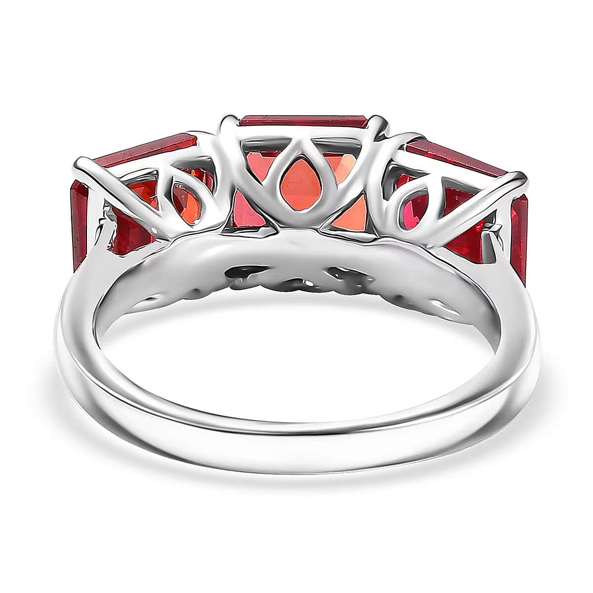 Certified & Appraised Luxuriant AAA Lab Grown Padparadscha Sapphire 3 Stone Ring in 10K White Gold 8.00 ctw (Size 7.5) image number 6