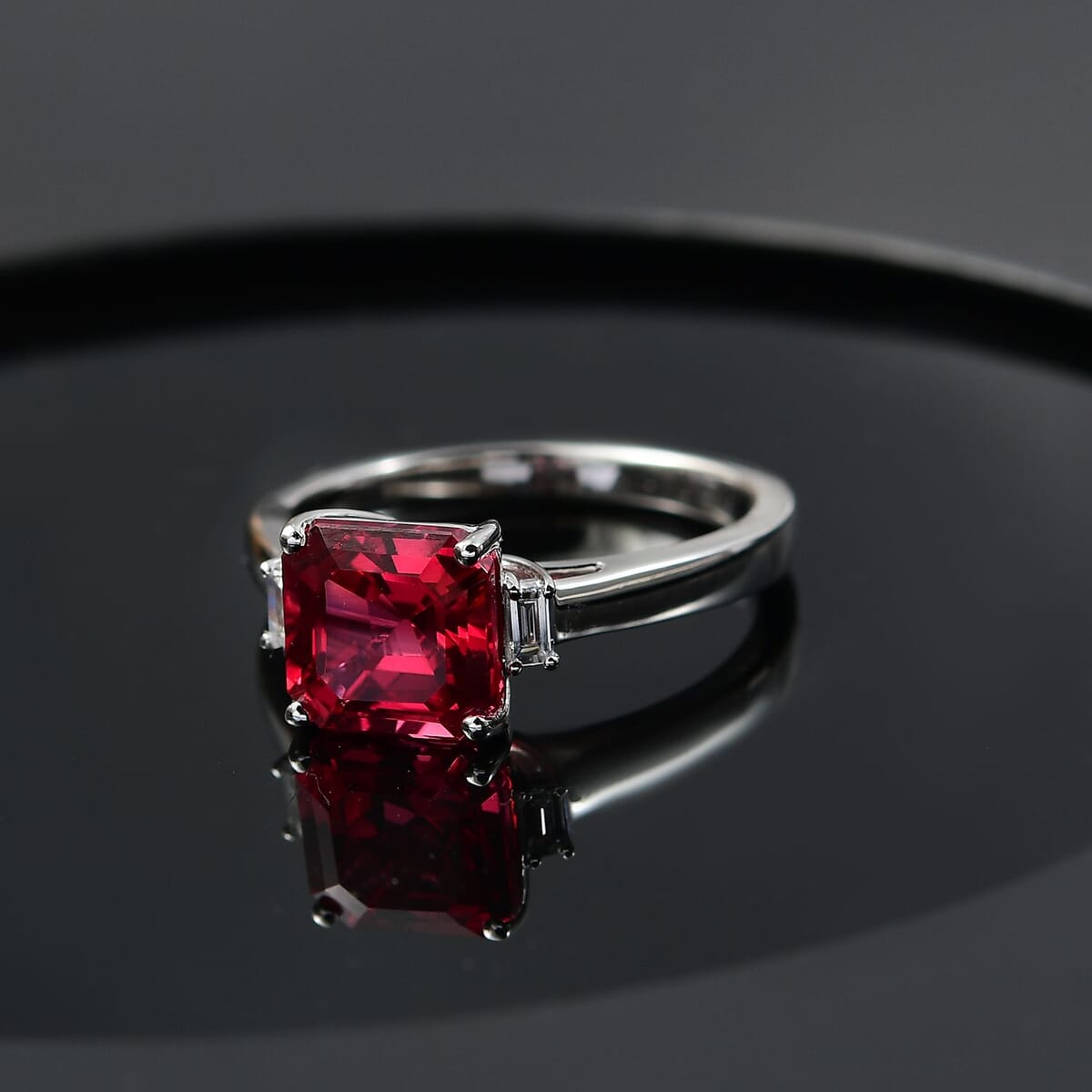 Certified & Appraised Luxuriant AAA Asscher Cut Lab Grown Padparadscha Sapphire and E-F VS Lab Grown Diamond 3.59 ctw Ring in 10K White Gold (Size 10.0)  image number 1