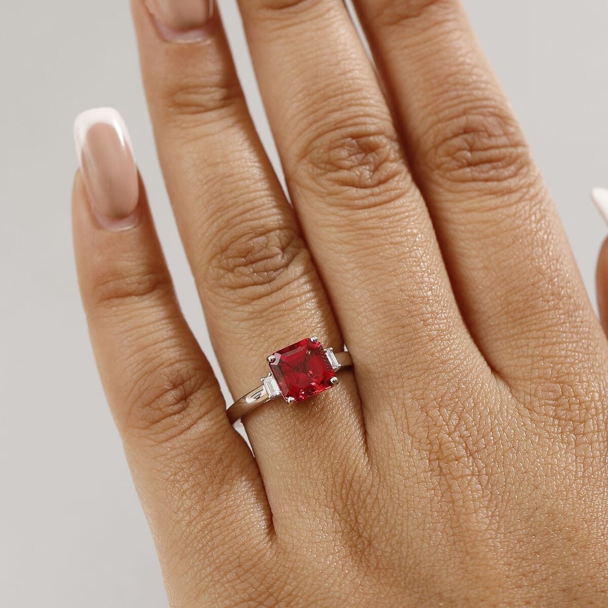 Certified & Appraised Luxuriant AAA Asscher Cut Lab Grown Padparadscha Sapphire and E-F VS Lab Grown Diamond 3.59 ctw Ring in 10K White Gold (Size 10.0)  image number 2
