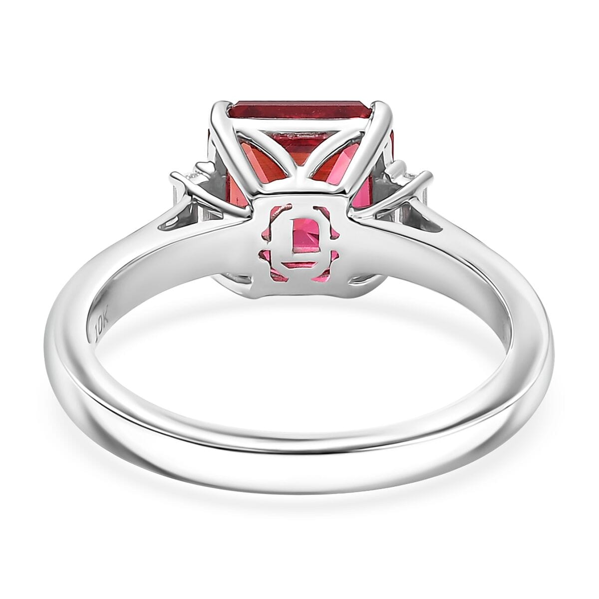Certified & Appraised Luxuriant AAA Asscher Cut Lab Grown Padparadscha Sapphire and E-F VS Lab Grown Diamond 3.59 ctw Ring in 10K White Gold (Size 10.0)  image number 4