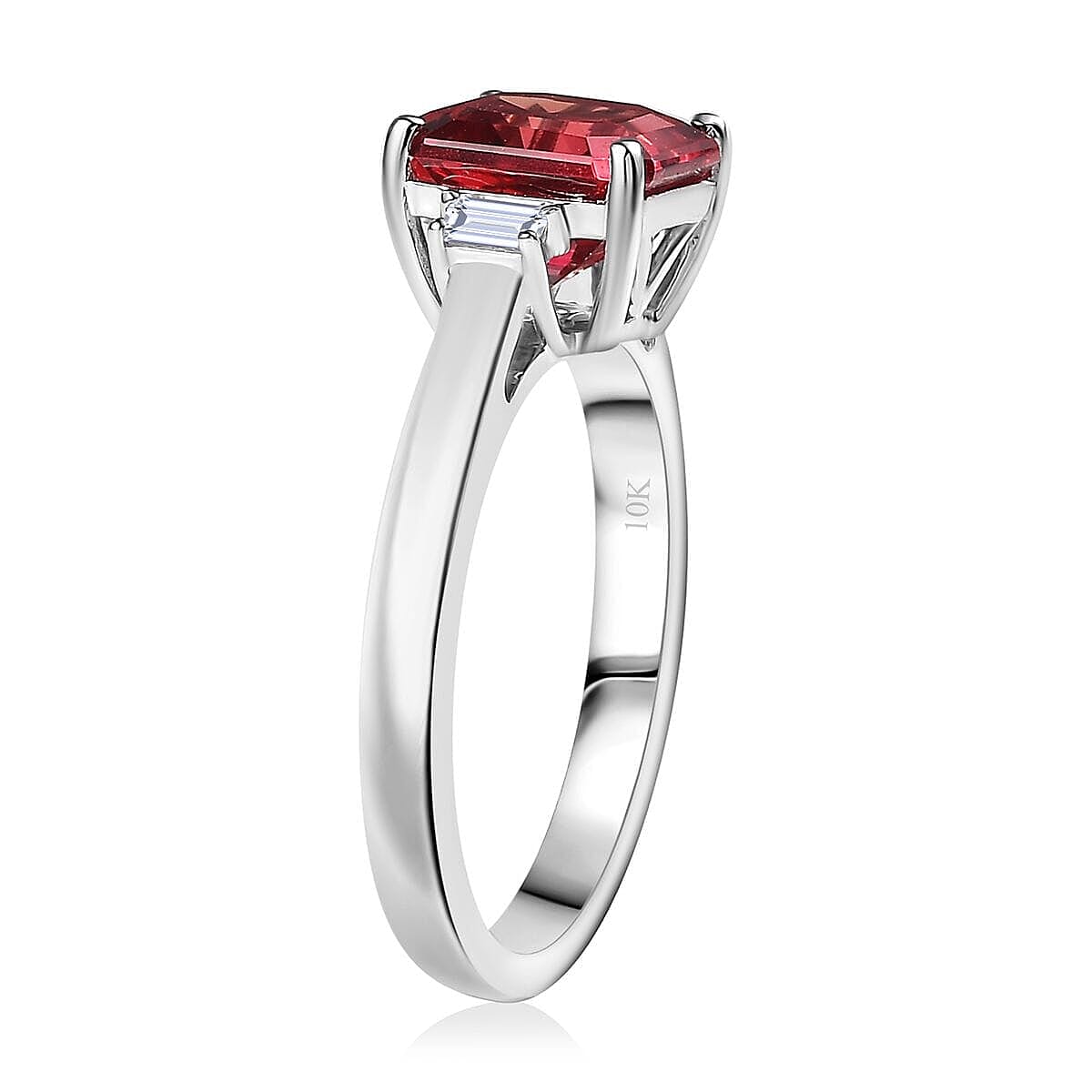 Certified & Appraised Luxuriant AAA Asscher Cut Lab Grown Padparadscha Sapphire and E-F VS Lab Grown Diamond 3.59 ctw Ring in 10K White Gold (Size 7.5)  image number 3