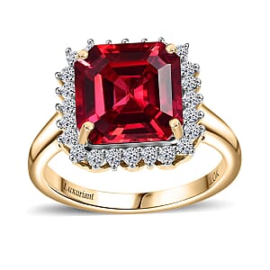 Certified & Appraised Luxuriant 10K Yellow Gold AAA Asscher Cut Lab Grown Padparadscha Sapphire, E-F VS Lab Grown Diamond 6.89 ctw Ring (Size 10.0)