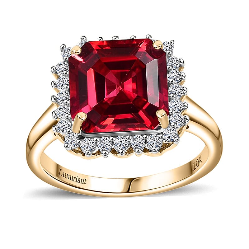 Certified & Appraised Luxuriant 10K Yellow Gold AAA Asscher Cut Lab Grown Padparadscha Sapphire, E-F VS Lab Grown Diamond 6.89 ctw Ring (Size 10.0)