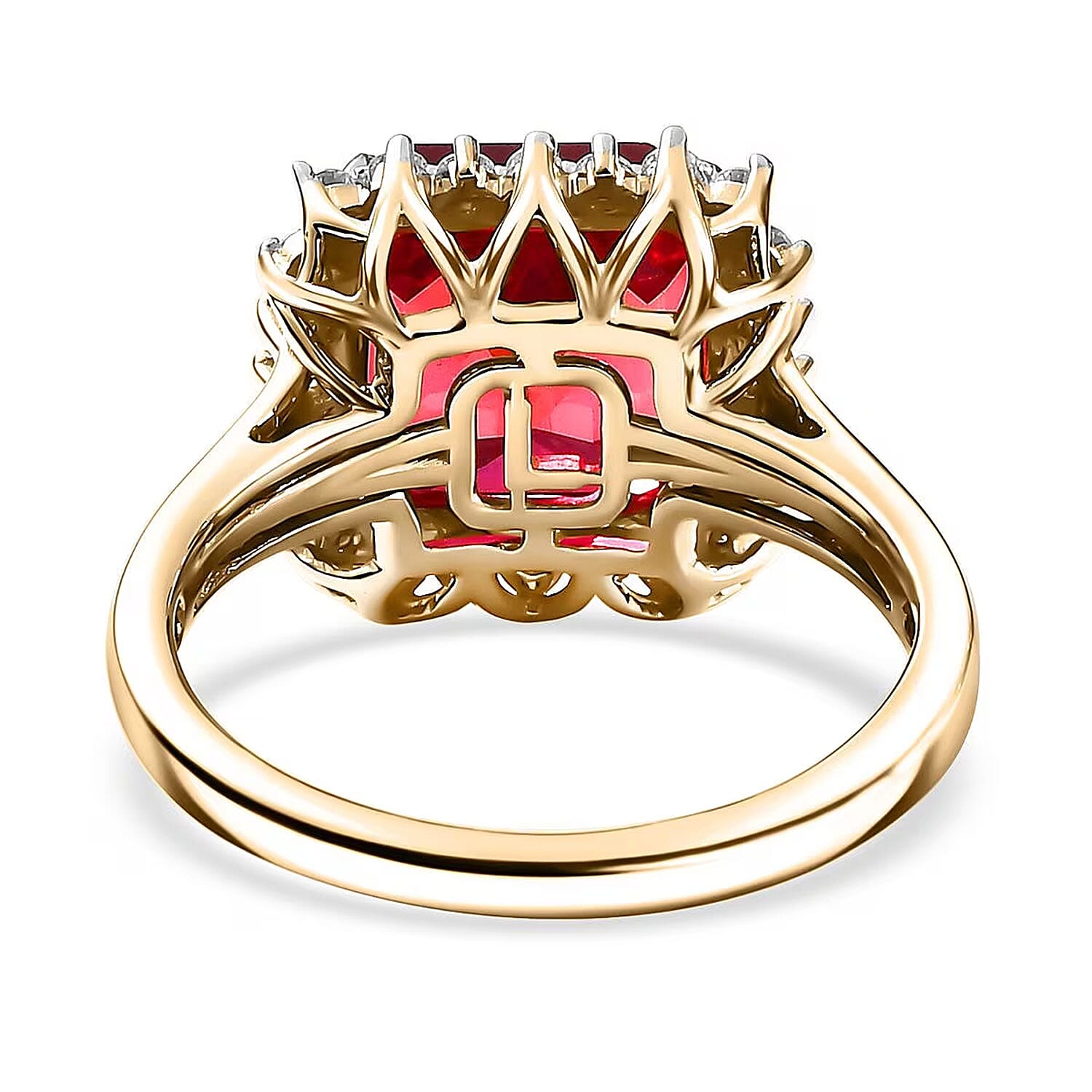 Certified & Appraised Luxuriant 10K Yellow Gold AAA Asscher Cut Lab Grown Padparadscha Sapphire, E-F VS Lab Grown Diamond 6.89 ctw Ring (Size 10.0)