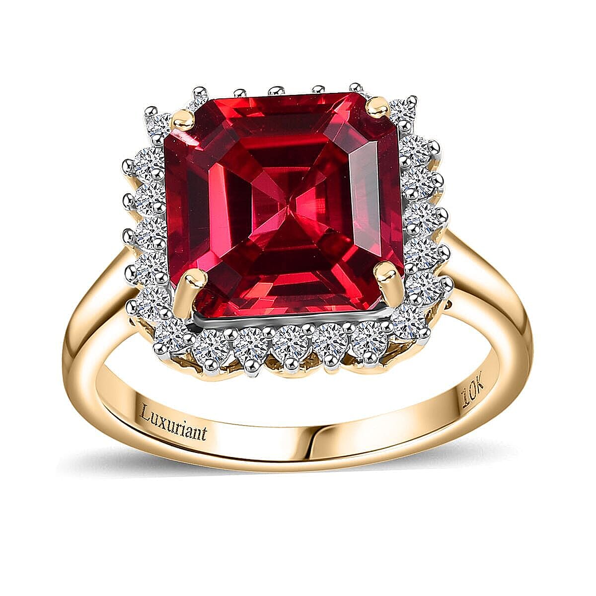 Certified & Appraised Luxoro 10K Yellow Gold AAA Asscher Cut Lab Grown Padparadscha Sapphire, Lab Grown Diamond (E-F, VS) (0.38 cts) Ring (Size 10.5) 6.89 ctw image number 0