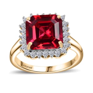 Certified & Appraised Luxuriant 10K Yellow Gold AAA Asscher Cut Lab Grown Padparadscha Sapphire, E-F VS Lab Grown Diamond 6.89 ctw Ring (Size 6.0)