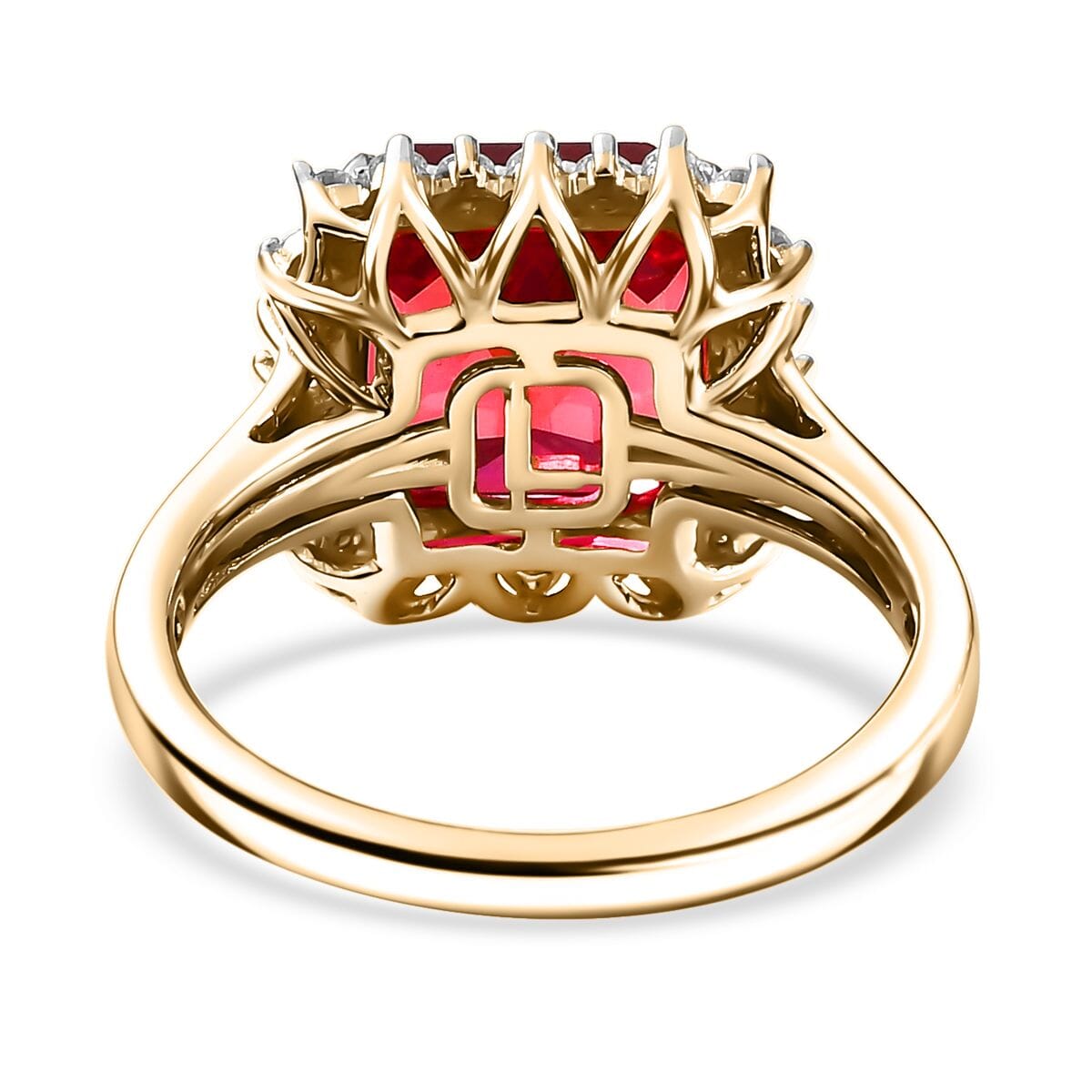 Certified & Appraised Luxuriant 10K Yellow Gold AAA Asscher Cut Lab Grown Padparadscha Sapphire, E-F VS Lab Grown Diamond 6.89 ctw Ring (Size 6.0) image number 4