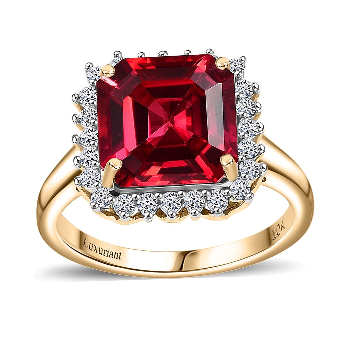 Certified & Appraised Luxuriant 10K Yellow Gold AAA Asscher Cut Lab Grown Padparadscha Sapphire, E-F VS Lab Grown Diamond 6.89 ctw Ring image number 0