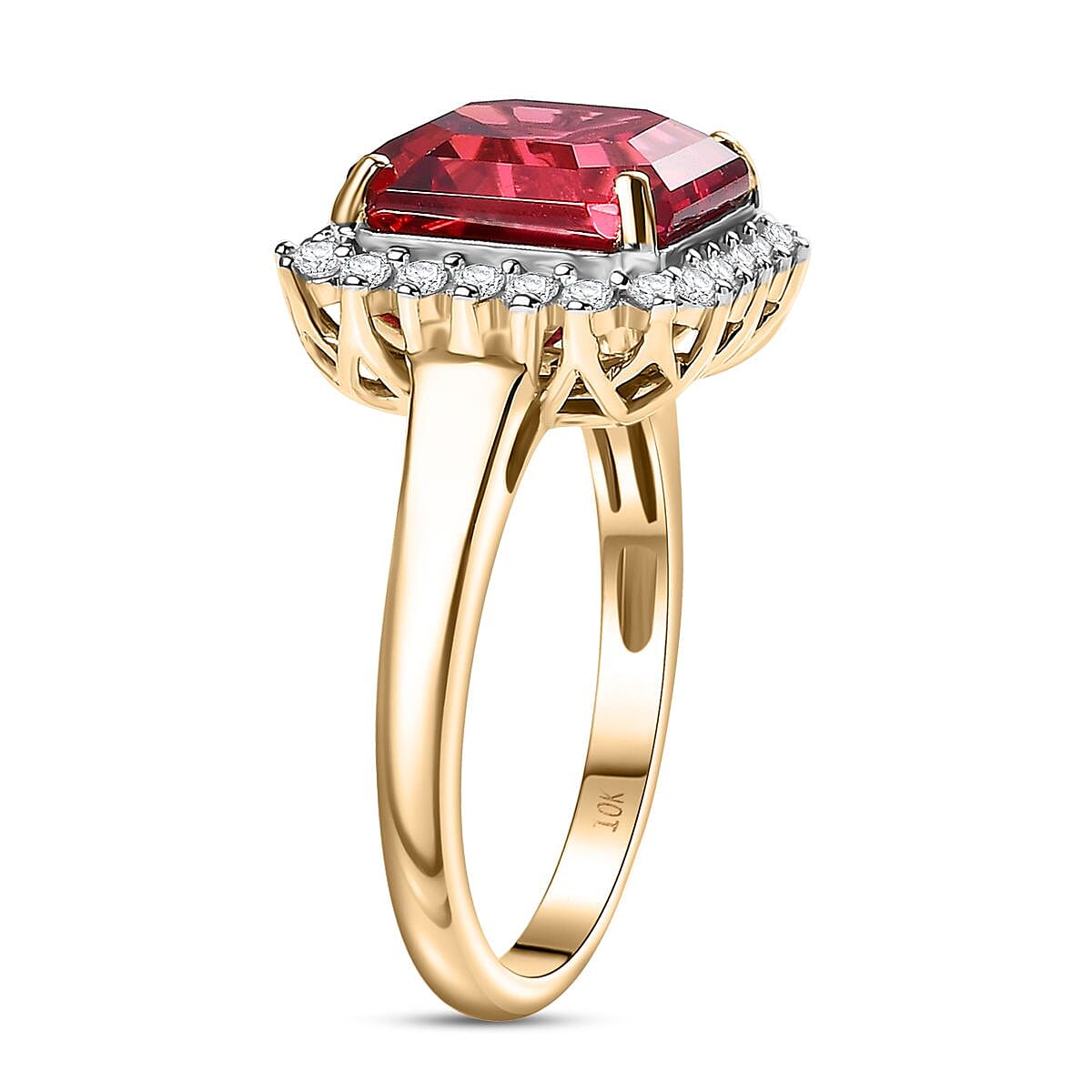 Certified & Appraised Luxuriant 10K Yellow Gold AAA Asscher Cut Lab Grown Padparadscha Sapphire, E-F VS Lab Grown Diamond 6.89 ctw Ring image number 3