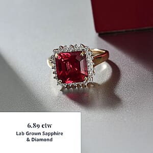 Certified & Appraised Luxoro 10K Yellow Gold AAA Asscher Cut Lab Grown Padparadscha Sapphire, Lab Grown Diamond (E-F, VS) (0.38 cts) Ring (Size 8.5) 6.89 ctw