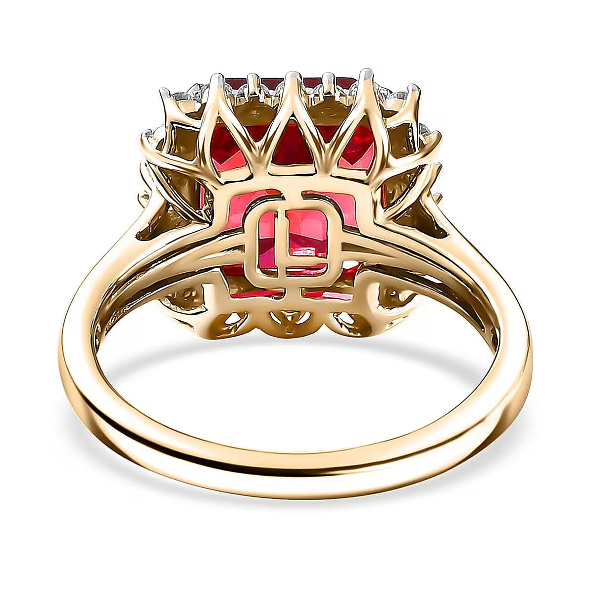 Certified & Appraised Luxuriant 10K Yellow Gold AAA Asscher Cut Lab Grown Padparadscha Sapphire, E-F VS Lab Grown Diamond 6.89 ctw Ring (Size 9.0) image number 6