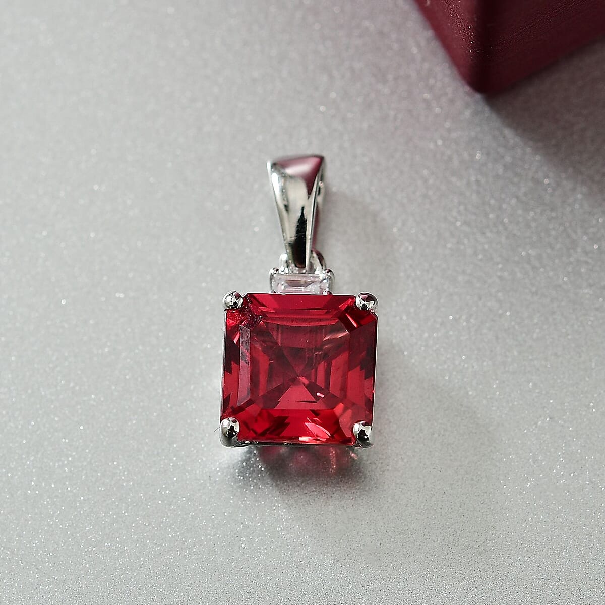 Certified & Appraised Luxuriant AAA Asscher Cut Lab Grown Padparadscha Sapphire and E-F VS Lab Grown Diamond 3.52 ctw Pendant Necklace (18 Inches) in 10K White Gold image number 1