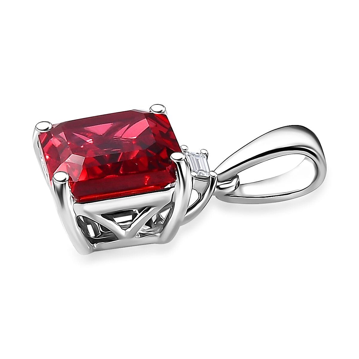 Certified & Appraised Luxuriant AAA Asscher Cut Lab Grown Padparadscha Sapphire and E-F VS Lab Grown Diamond 3.52 ctw Pendant Necklace (18 Inches) in 10K White Gold image number 3