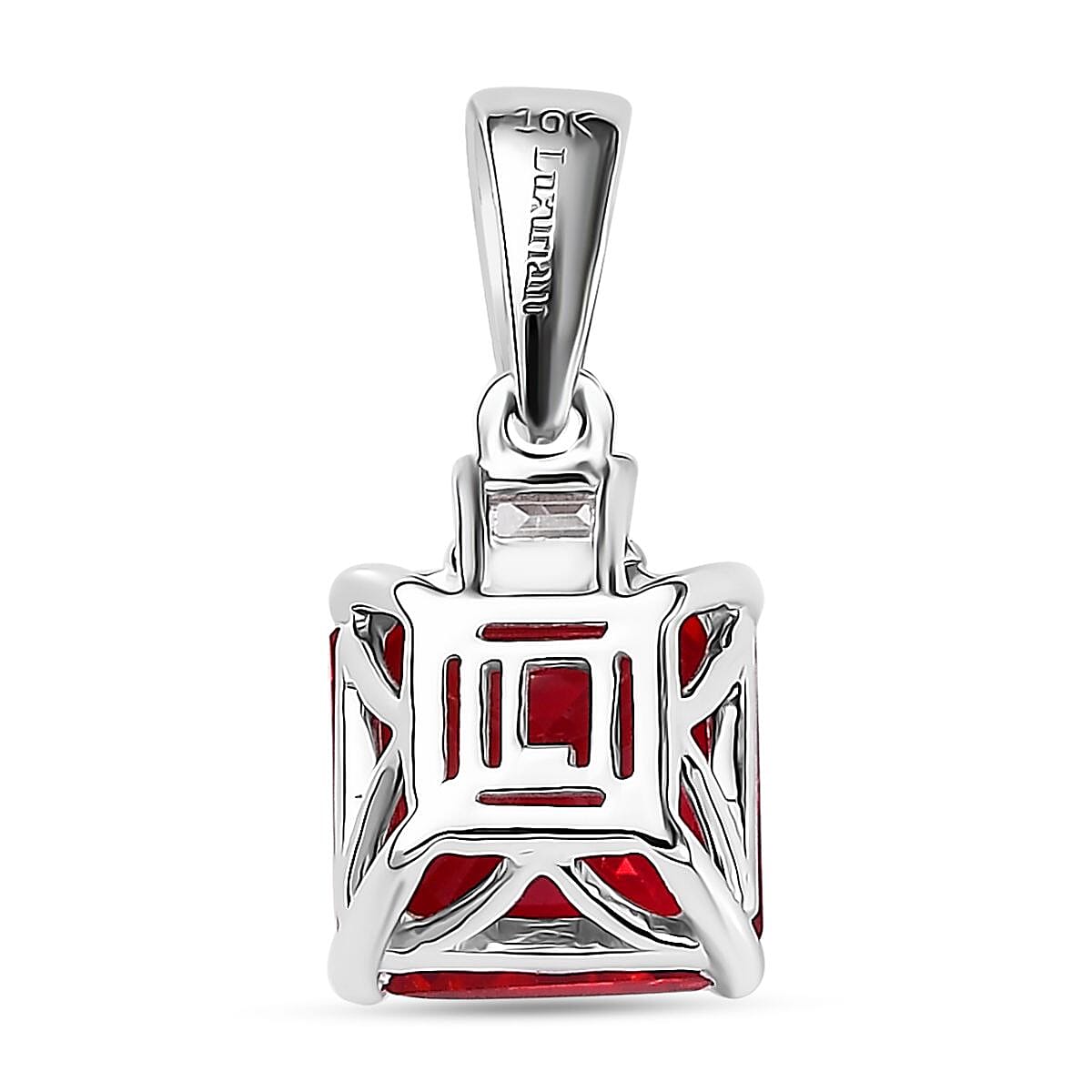 Certified & Appraised Luxuriant AAA Asscher Cut Lab Grown Padparadscha Sapphire and E-F VS Lab Grown Diamond 3.52 ctw Pendant Necklace (18 Inches) in 10K White Gold image number 4