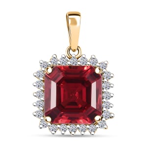 Certified & Appraised Luxuriant AAA Asscher Cut Lab Grown Padparadscha Sapphire, E-F VS Lab Grown Diamond 6.50 ctw Pendant Necklace (18 Inches) in 10K Yellow Gold